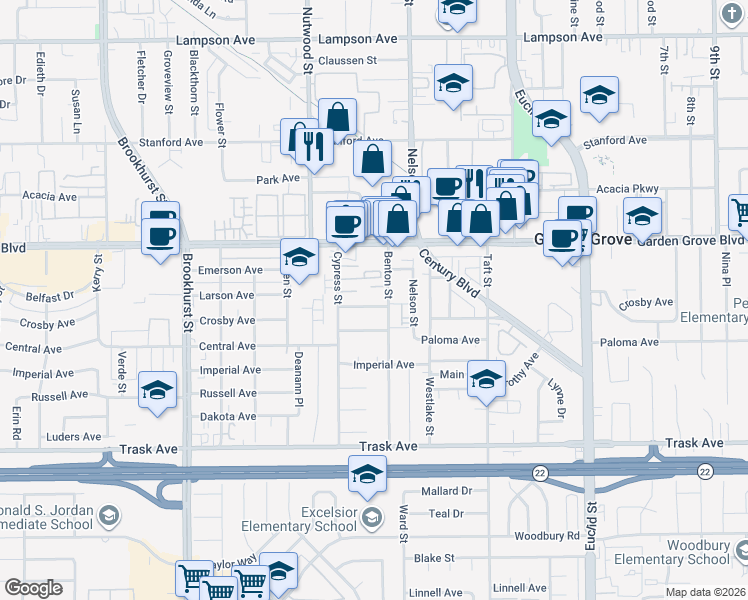 map of restaurants, bars, coffee shops, grocery stores, and more near 13101 Benton Street in Garden Grove