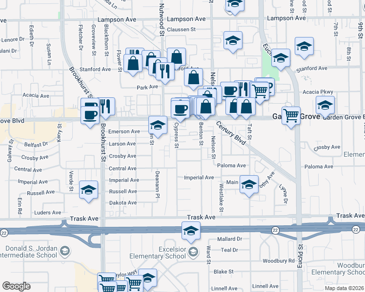 map of restaurants, bars, coffee shops, grocery stores, and more near 13116 Cypress Street in Garden Grove
