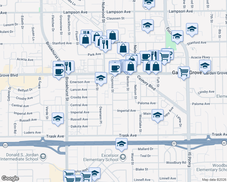 map of restaurants, bars, coffee shops, grocery stores, and more near 13116 Cypress Street in Garden Grove