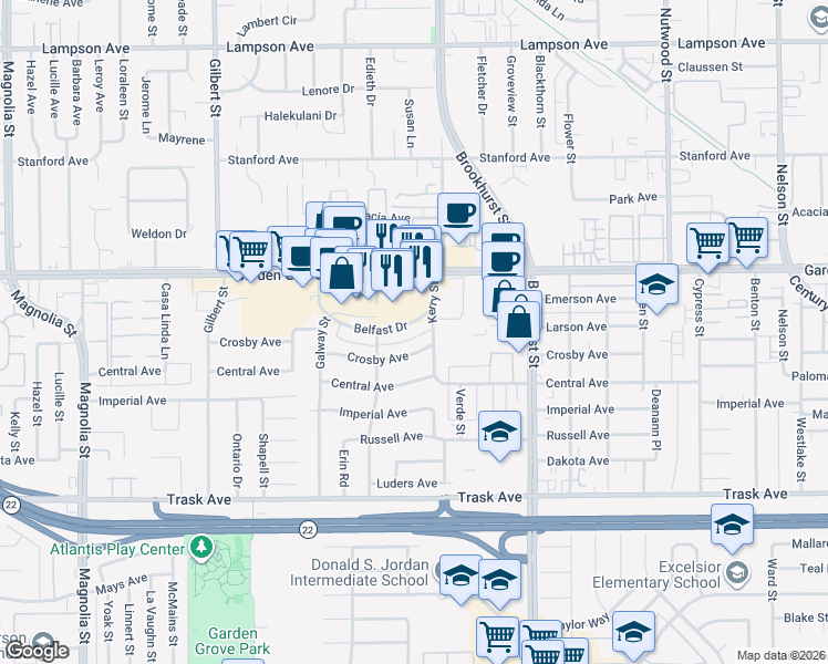 map of restaurants, bars, coffee shops, grocery stores, and more near 9873 Belfast Drive in Garden Grove