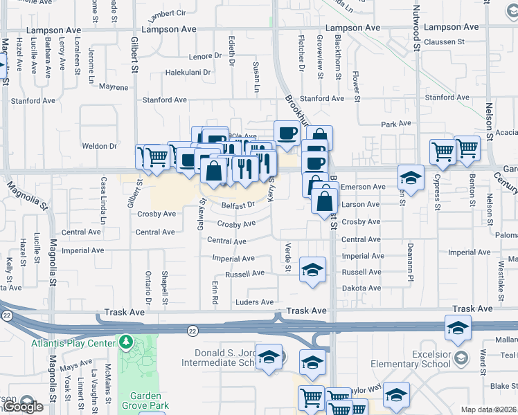 map of restaurants, bars, coffee shops, grocery stores, and more near 9873 Belfast Drive in Garden Grove
