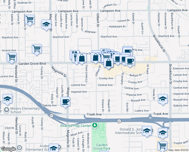 map of restaurants, bars, coffee shops, grocery stores, and more near 13091 Gilbert Street in Garden Grove