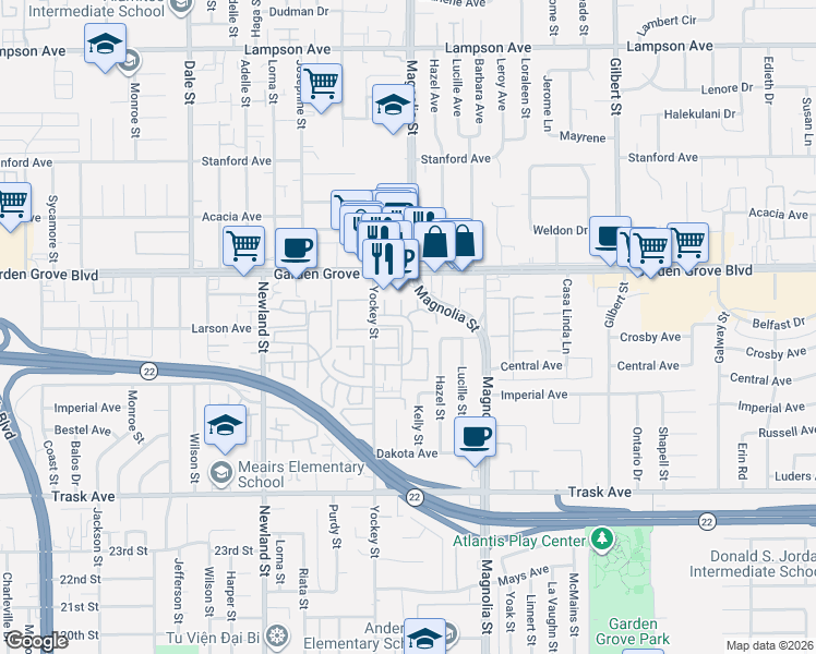map of restaurants, bars, coffee shops, grocery stores, and more near 13082 Ferndale Drive in Garden Grove