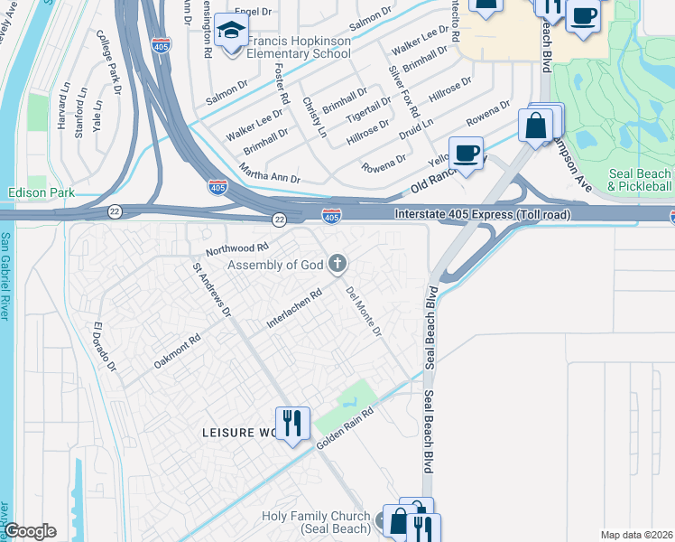 map of restaurants, bars, coffee shops, grocery stores, and more near 1780 Saint John Road in Seal Beach