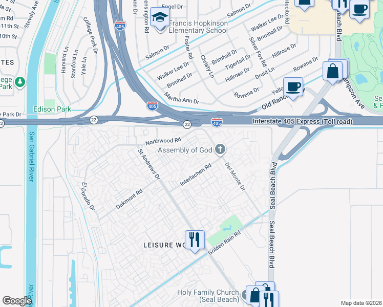 map of restaurants, bars, coffee shops, grocery stores, and more near 13151 Shawnee Lane in Seal Beach
