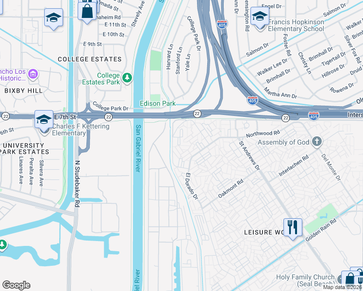map of restaurants, bars, coffee shops, grocery stores, and more near 1100 Brookline Road in Seal Beach
