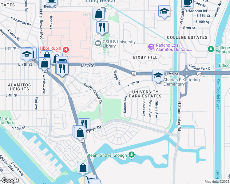 map of restaurants, bars, coffee shops, grocery stores, and more near 6195 East 6th Street in Long Beach