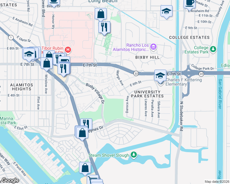 map of restaurants, bars, coffee shops, grocery stores, and more near in Long Beach