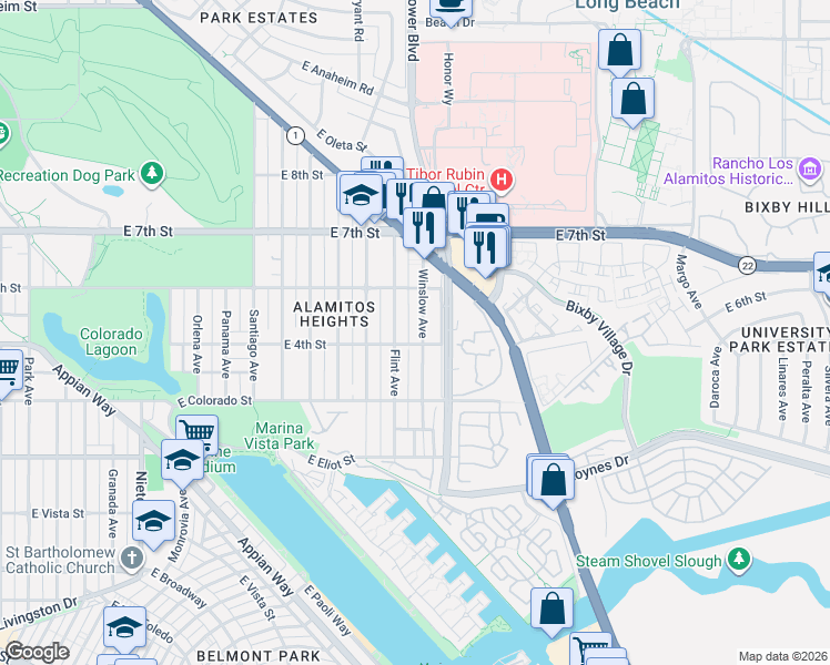 map of restaurants, bars, coffee shops, grocery stores, and more near 434 Winslow Avenue in Long Beach
