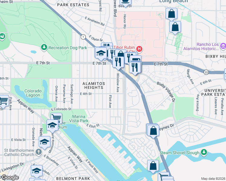 map of restaurants, bars, coffee shops, grocery stores, and more near 434 Winslow Avenue in Long Beach