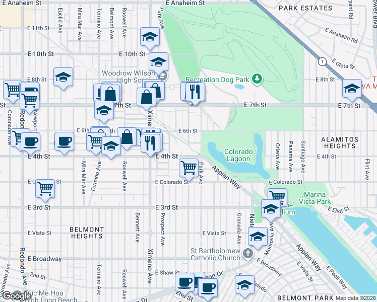 map of restaurants, bars, coffee shops, grocery stores, and more near 507 Roycroft Avenue in Long Beach