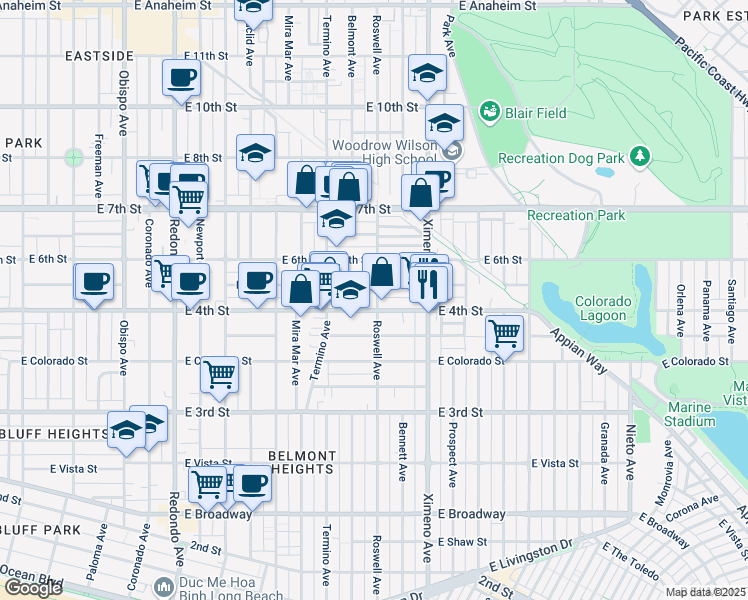 map of restaurants, bars, coffee shops, grocery stores, and more near 4114 East 5th Street in Long Beach
