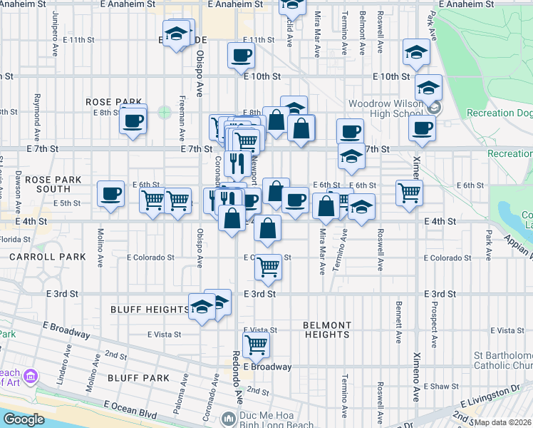 map of restaurants, bars, coffee shops, grocery stores, and more near 435 Loma Avenue in Long Beach