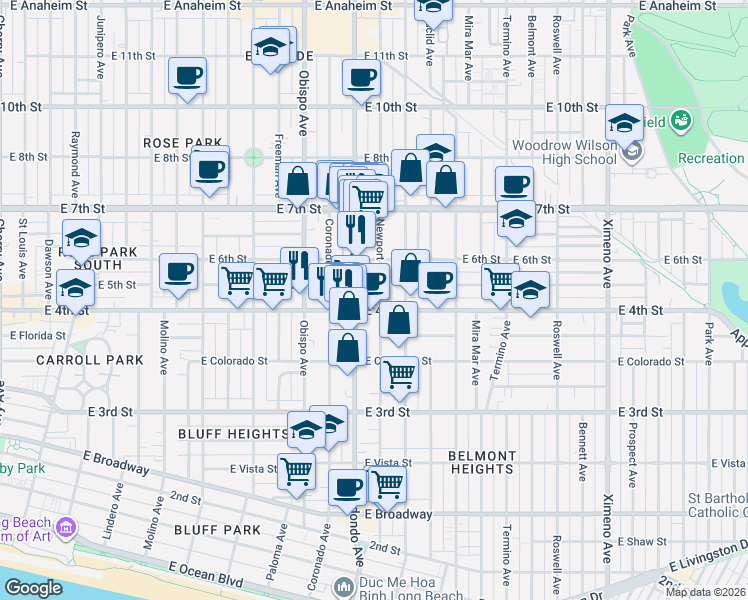 map of restaurants, bars, coffee shops, grocery stores, and more near 440 Redondo Avenue in Long Beach