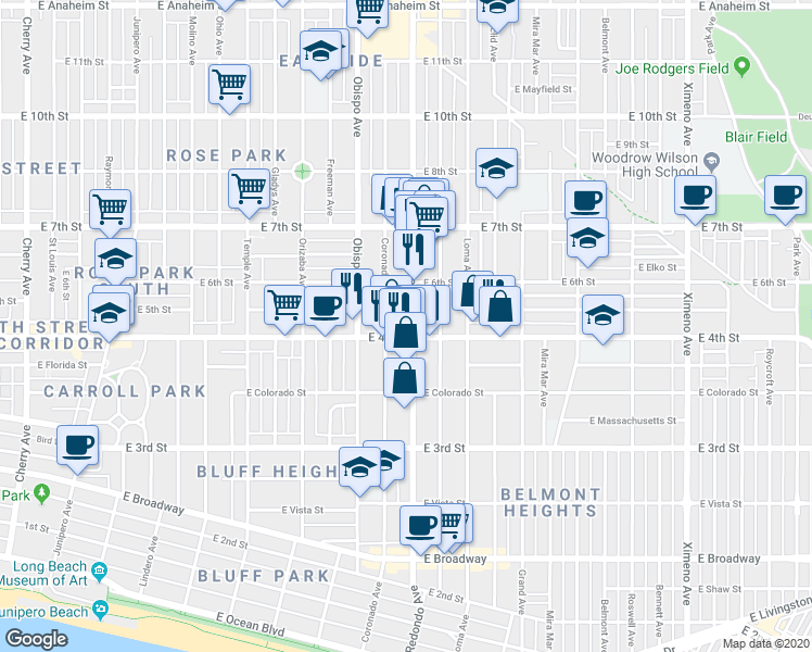 map of restaurants, bars, coffee shops, grocery stores, and more near 440 Redondo Avenue in Long Beach