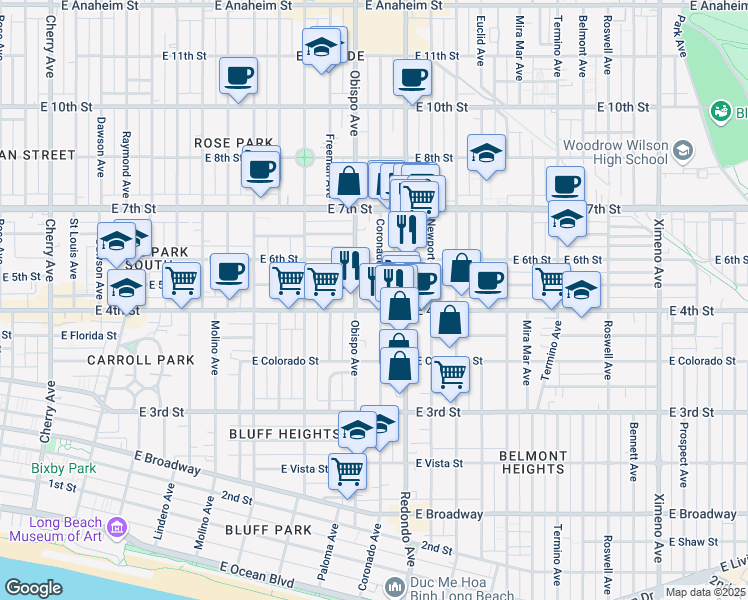 map of restaurants, bars, coffee shops, grocery stores, and more near 444 Coronado Avenue in Long Beach