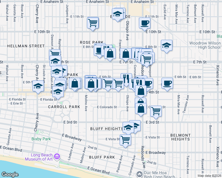 map of restaurants, bars, coffee shops, grocery stores, and more near 3010 East 5th Street in Long Beach