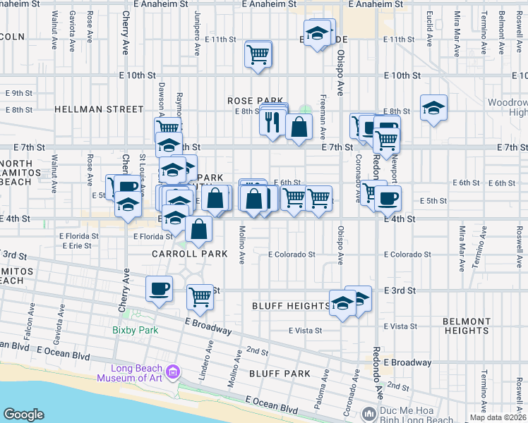 map of restaurants, bars, coffee shops, grocery stores, and more near 444 Ohio Avenue in Long Beach