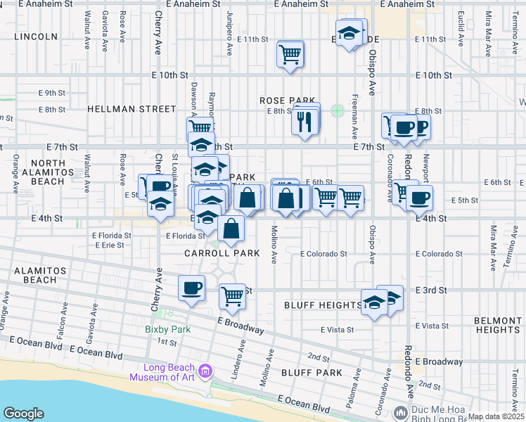 map of restaurants, bars, coffee shops, grocery stores, and more near 442 Molino Avenue in Long Beach