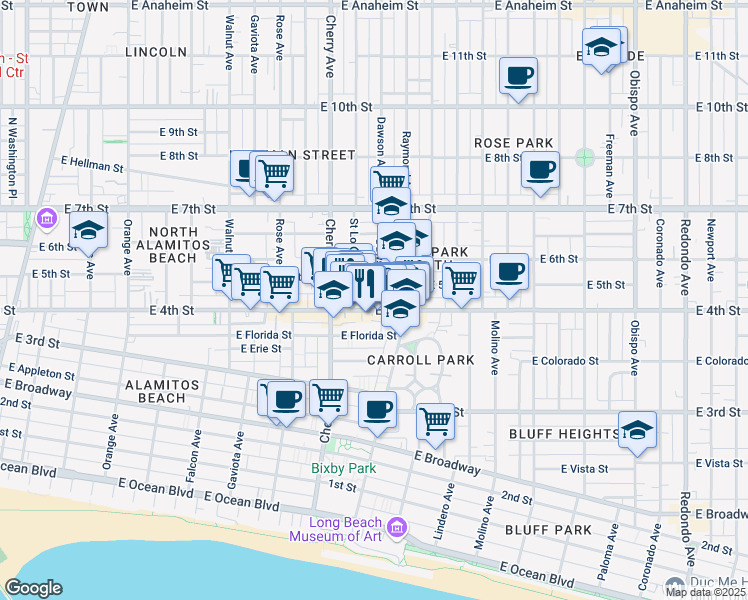 map of restaurants, bars, coffee shops, grocery stores, and more near 445 Dawson Avenue in Long Beach