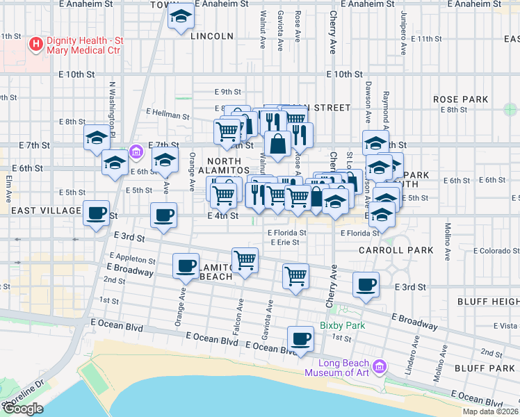 map of restaurants, bars, coffee shops, grocery stores, and more near 411 Walnut Avenue in Long Beach