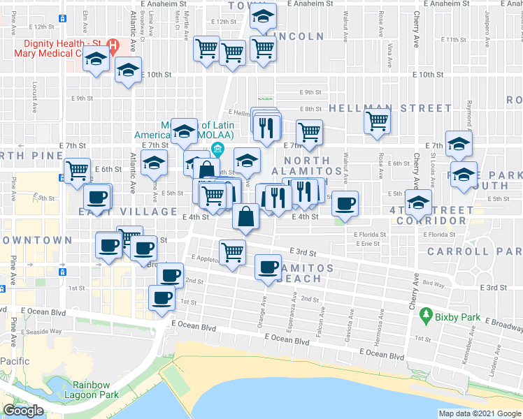 map of restaurants, bars, coffee shops, grocery stores, and more near 438 1/2 Cerritos Avenue in Long Beach