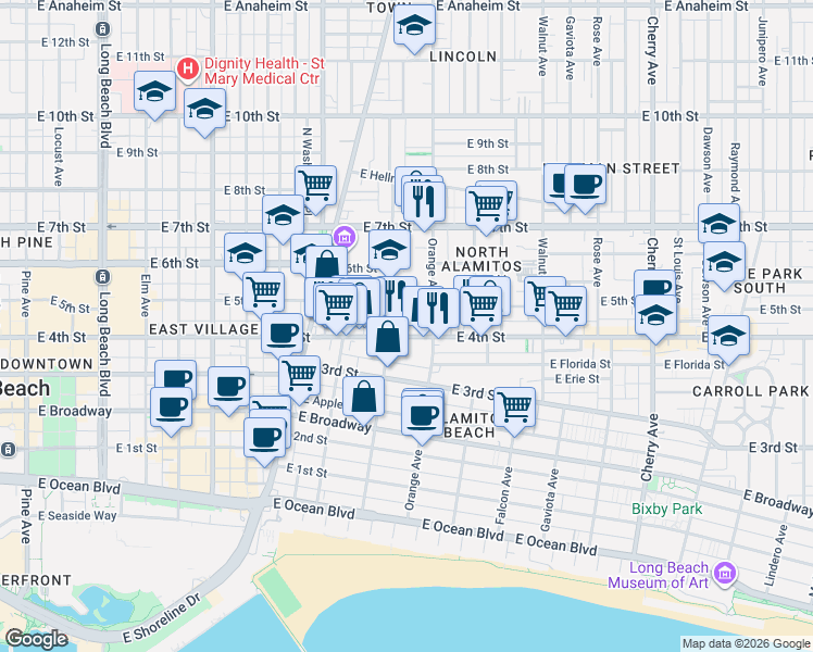 map of restaurants, bars, coffee shops, grocery stores, and more near 438 1/2 Cerritos Avenue in Long Beach