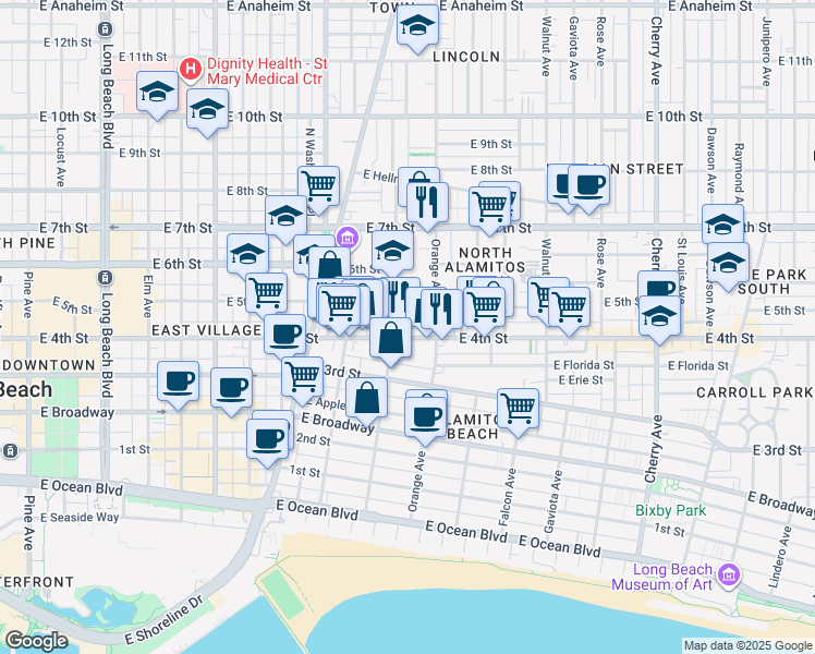 map of restaurants, bars, coffee shops, grocery stores, and more near 438 1/2 Cerritos Avenue in Long Beach