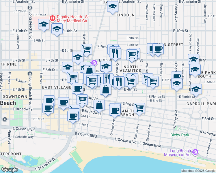 map of restaurants, bars, coffee shops, grocery stores, and more near 438 1/2 Cerritos Avenue in Long Beach
