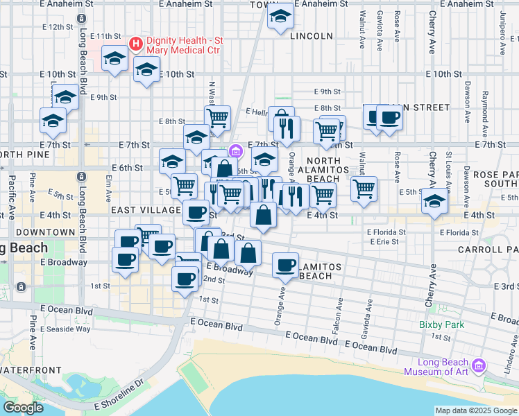 map of restaurants, bars, coffee shops, grocery stores, and more near in Long Beach