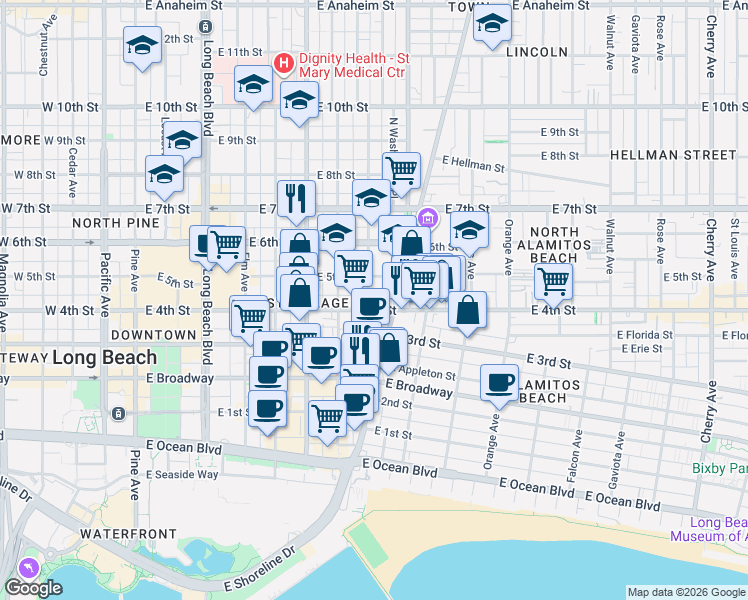 map of restaurants, bars, coffee shops, grocery stores, and more near 434 Olive Avenue in Long Beach