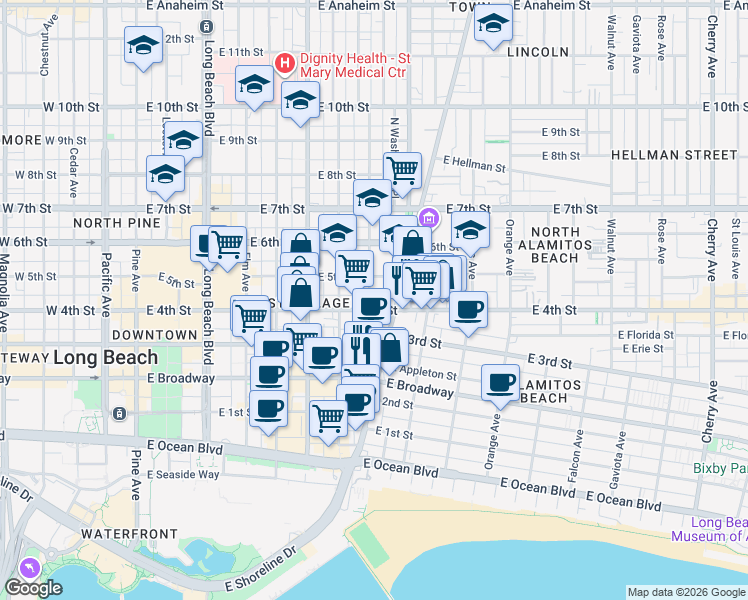 map of restaurants, bars, coffee shops, grocery stores, and more near 434 Olive Avenue in Long Beach