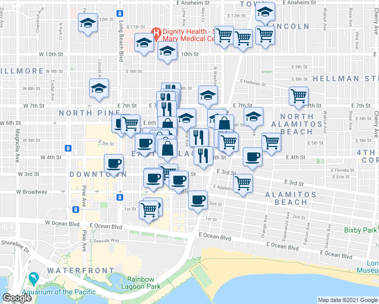 map of restaurants, bars, coffee shops, grocery stores, and more near 430 Lime Avenue in Long Beach