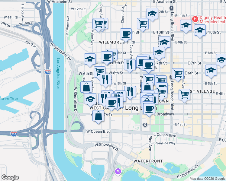 map of restaurants, bars, coffee shops, grocery stores, and more near 445 Chestnut Avenue in Long Beach