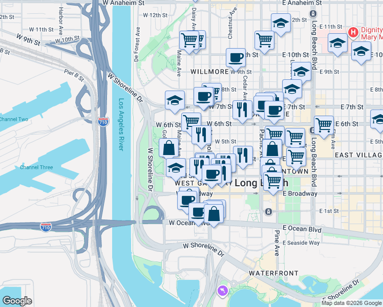 map of restaurants, bars, coffee shops, grocery stores, and more near 437 North Nylic Court in Long Beach