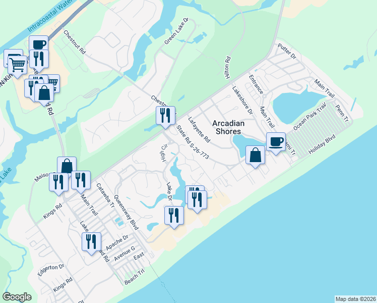 map of restaurants, bars, coffee shops, grocery stores, and more near 408 Kingston Road in Myrtle Beach