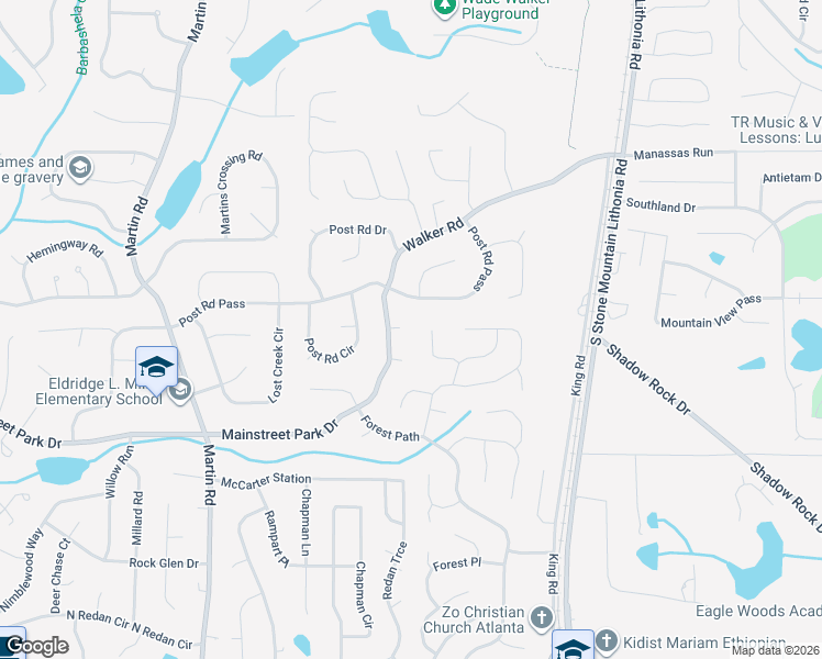 map of restaurants, bars, coffee shops, grocery stores, and more near 5447 Hedgeflower Court in Stone Mountain