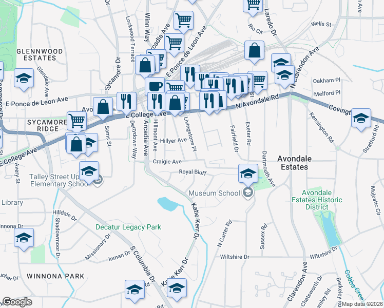 map of restaurants, bars, coffee shops, grocery stores, and more near 771 Livingstone Place in Decatur