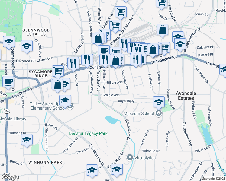 map of restaurants, bars, coffee shops, grocery stores, and more near 768 Dalerose Avenue in Decatur