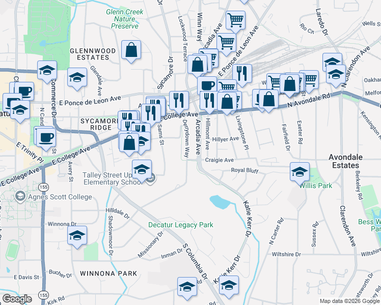 map of restaurants, bars, coffee shops, grocery stores, and more near 765 Derrydown Way in Decatur
