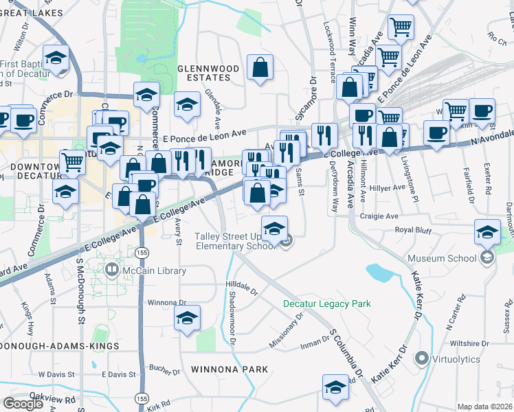 map of restaurants, bars, coffee shops, grocery stores, and more near 121 New Street in Decatur