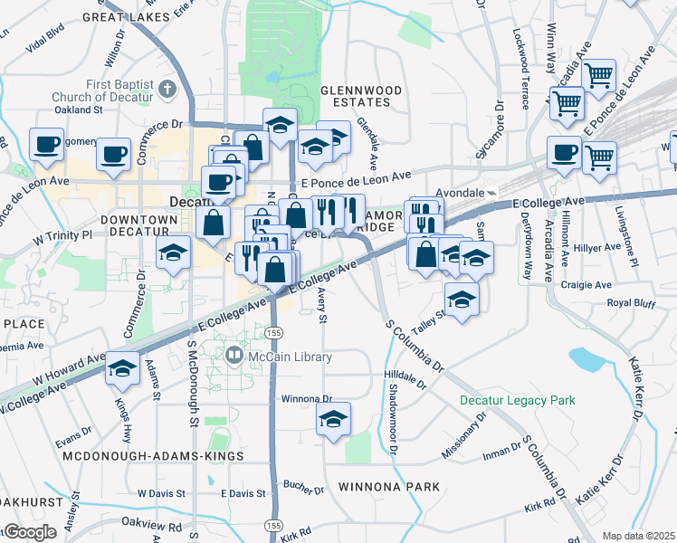 map of restaurants, bars, coffee shops, grocery stores, and more near in Decatur