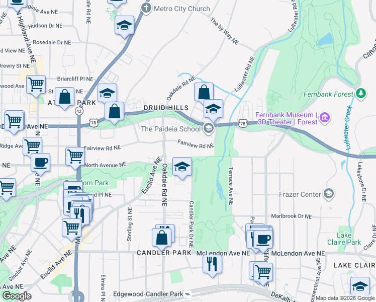 map of restaurants, bars, coffee shops, grocery stores, and more near 1476 Fairview Road Northeast in Atlanta