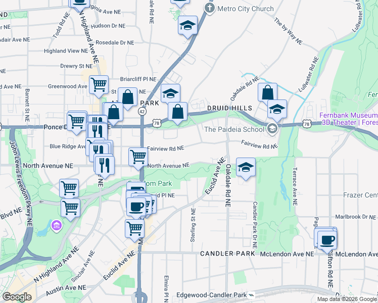 map of restaurants, bars, coffee shops, grocery stores, and more near 1293-1305 Fairview Road Northeast in Atlanta