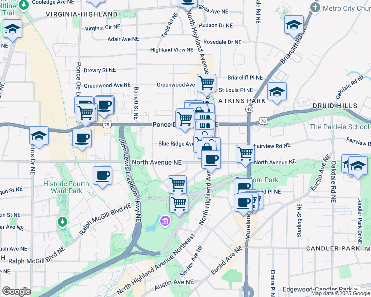 map of restaurants, bars, coffee shops, grocery stores, and more near 1007 Blue Ridge Avenue Northeast in Atlanta