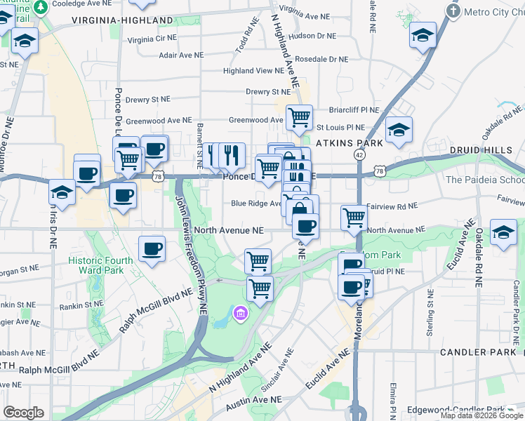 map of restaurants, bars, coffee shops, grocery stores, and more near 980 Blue Ridge Avenue Northeast in Atlanta
