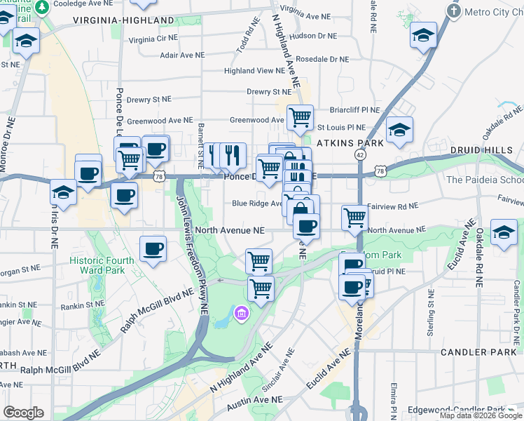 map of restaurants, bars, coffee shops, grocery stores, and more near 980 Blue Ridge Avenue Northeast in Atlanta