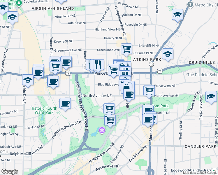 map of restaurants, bars, coffee shops, grocery stores, and more near 980 Blue Ridge Avenue Northeast in Atlanta