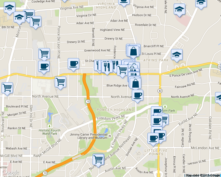 map of restaurants, bars, coffee shops, grocery stores, and more near 980 Blue Ridge Avenue Northeast in Atlanta