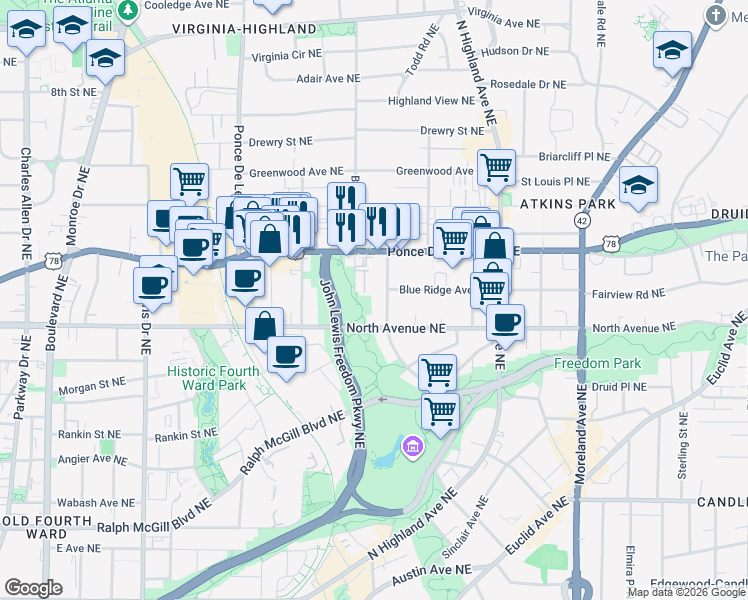 map of restaurants, bars, coffee shops, grocery stores, and more near 644 Linwood Avenue Northeast in Atlanta